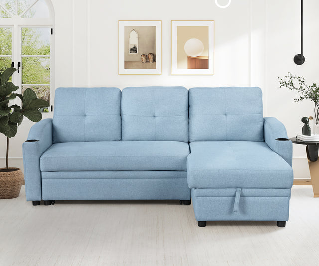 80.3" Orisfur. Pull Out Sofa Modern Padded Upholstered Sofa , Linen Fabric 3 Seater Couch with Storage Chaise and Cup Holder , Small Couch for Small Spaces