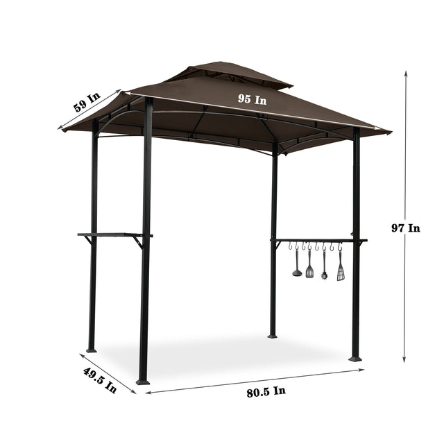 Outdoor Grill Gazebo 8 x 5 Ft, Shelter Tent, Double Tier Soft Top Canopy and Steel Frame with hook and Bar Counters, -Brown