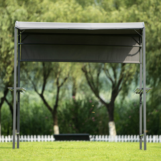 TOPMAX Outdoor 7Ft.Wx4.5Ft.L Iron Double Tiered Backyard Patio BBQ Grill Gazebo with Side Awning, Bar Counters and Hooks, Gray