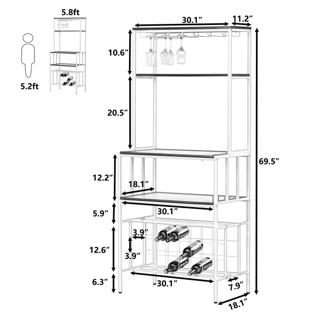 TOPMAX Updated Industrial Modern 5-Tier Baker Rack, Freestanding Bar Wine Rack Table with Glass& Cup Holders&Hooks,  Dark Brown
