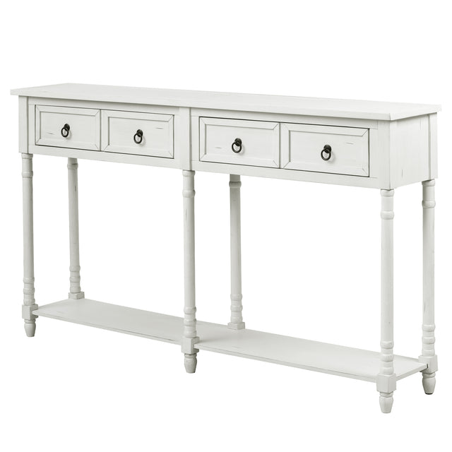 TREXM Console Table Sofa Table with Drawers and Long Shelf Rectangular Living Room Table Solid Wood (Antique White)