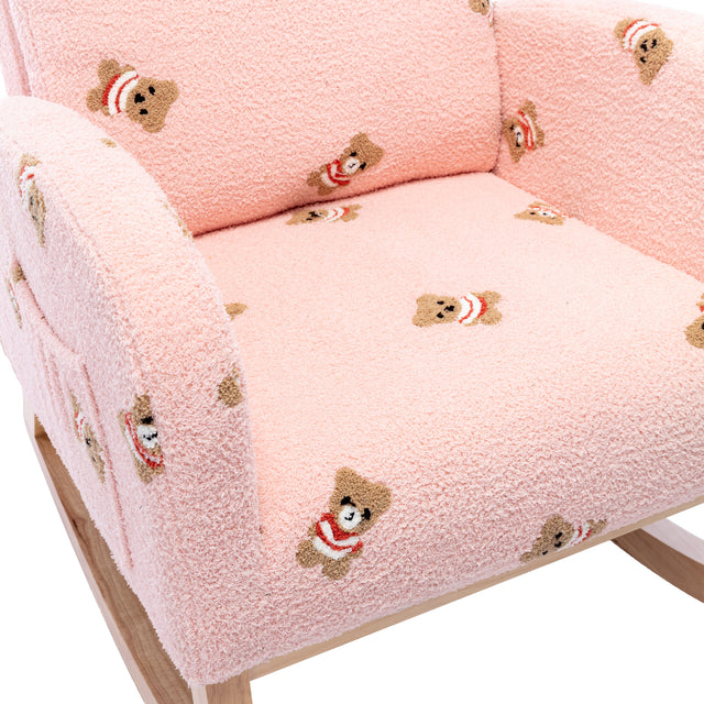 26.8"W Modern Rocking Chair for Nursery, Mid Century Accent Rocker Armchair With Side Pocket, Upholstered High Back Wooden Rocking Chair for Living Room Baby Kids Room Bedroom, Pink Boucle