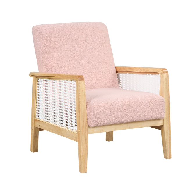 【EAT 3.10】Mid-Century Armchair Rattan Mesh Upholstered Accent Chair,Teddy Short Plush Particle Velvet Armchair for Living Room,Bedroom, Office, Studio,Pink