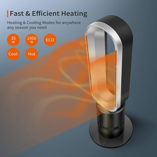 Simple Deluxe 32-inch Space Heater Bladeless Tower Fan, Heater & Fan Combo, 9H Timer 10 Speeds with Remote Control, Air Circulator Fan for Home Air Conditioner, Black & Grey