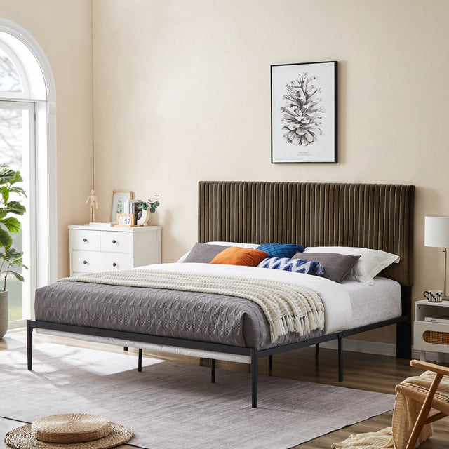 B110 King bed Beautiful line stripe cushion headboard  Strong iron frame with high temperature paint