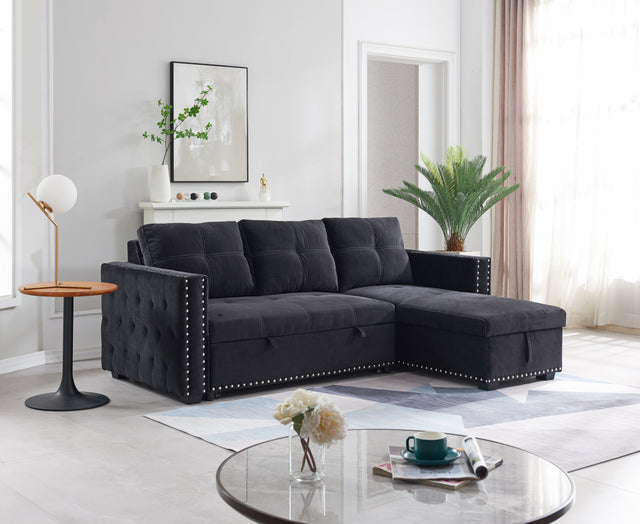 Sectional sofa with pulled out bed,  2 seats sofa and reversible chaise with storage, both hands with copper nail, BLACK, (91" x 64" x 37")