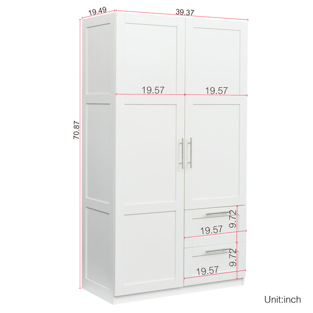 High wardrobe and kitchen cabinet with 2 doors, 2 drawers and 5 storage spaces,white