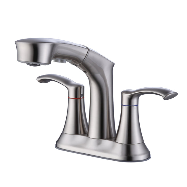 Bathroom Faucets for Sink 3 Hole,Brushed Nickel Bathroom Faucet with Pull Out Multi Functional Sprayer,Vanity Sink Faucet 2 Handle Centerset 4 inch Pull Down Faucet with 2 Water Lines,RV Camper Faucet