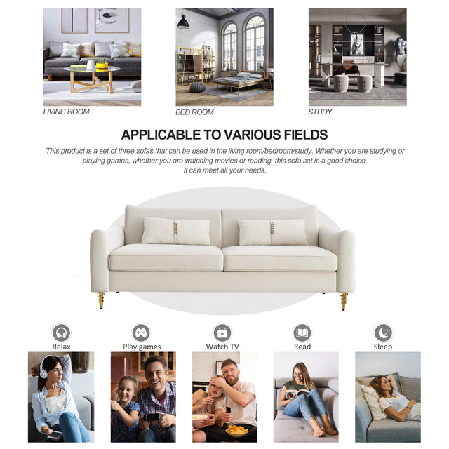 80.3" Modern Sofa Couch Upholstered Sofa Tufted Back Comfy Velvet Long Couch with 2 Pillows and Golden Legs for Living Room, Bedroom, Office, Apartment, Beige