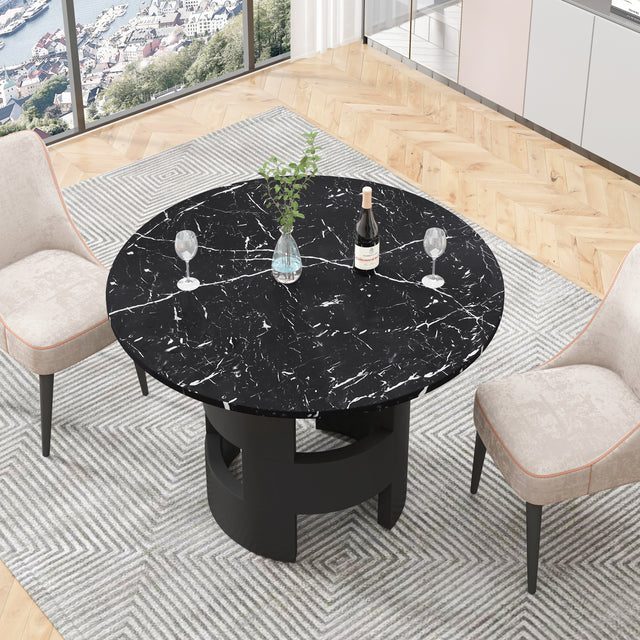 42.12"Modern Round Dining Table with Printed Black Marble Table Top for Dining Room, Kitchen, Living Room