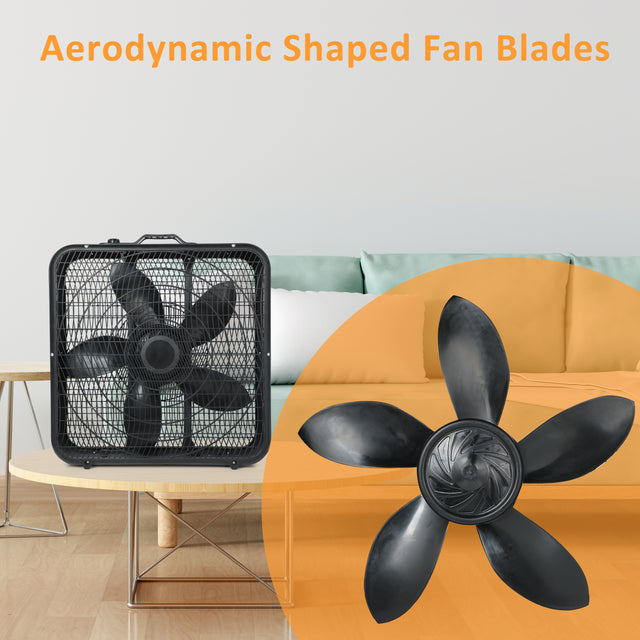 InfiniPower 20” Box Fan, 3-Speed Cooling Table Fan with Aerodynamic Shaped Fan Blades, Convenient Carry Handle and Safety Grills, For Home Office Color: Black