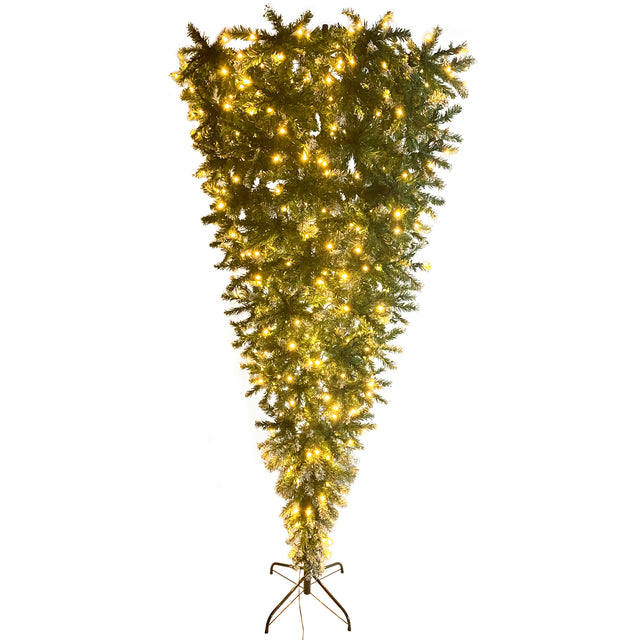 Upside Down Green Christmas Tree, Xmas Tree with LED Warm White Lights, Green leaves with part spraying White, Reinforced Metal Base & Easy Assembly 7.4ft X-mas