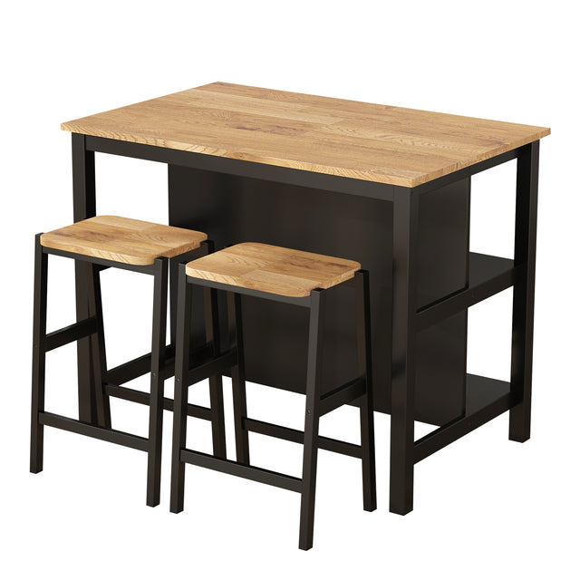 3 PCS Dining Table Set Rustic Retro Breakfast Table Dining Stools RubberWood for 2 with Two Open Shelves for Small Space Kitchen Dining Room