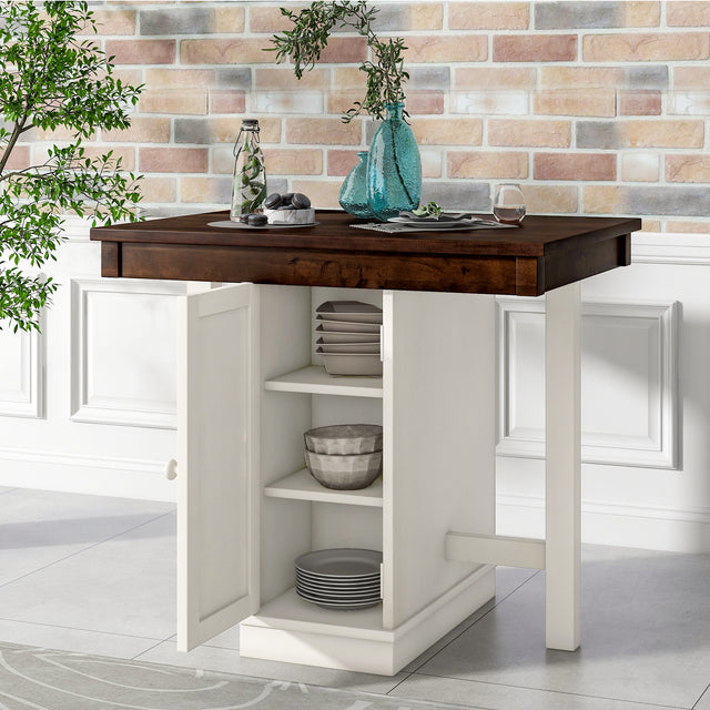 TOPMAX Farmhouse Counter Height Dining Table, Square Wood Table with 3-Tier Adjustable Storage Shelves and Wine Racks for Small Spaces,  White