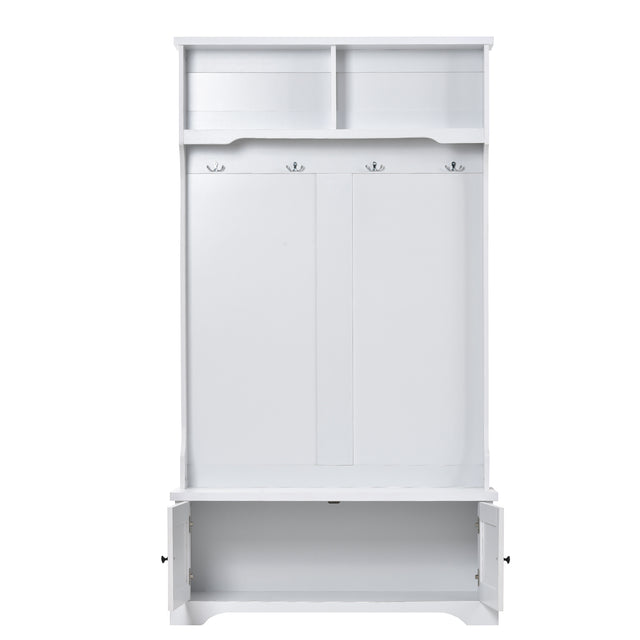 ON-TREND Hall Tree Entryway Bench with Shelves Cabinet and Four Hooks, 3-in-1 Design, White