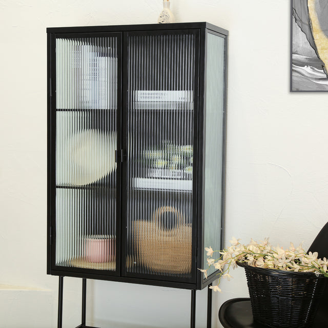 Retro Style Fluted Glass High Cabinet Storage Dual Doors Three Detachable Wide Shelves Enclosed Dust-free Storage for Living Room Bathroom Dining Room Kitchen Room Entryway,BLACK (OLD SKU:W68734128)