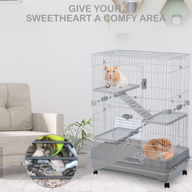 4-Tier 32"Small Animal Metal Cage Height Adjustable with Lockable Casters  Grilles Pull-out Tray for Rabbit Chinchilla Ferret Bunny Guinea Pig Squirrel Hedgehog(GREY)(=OLD SKU:W69133215)