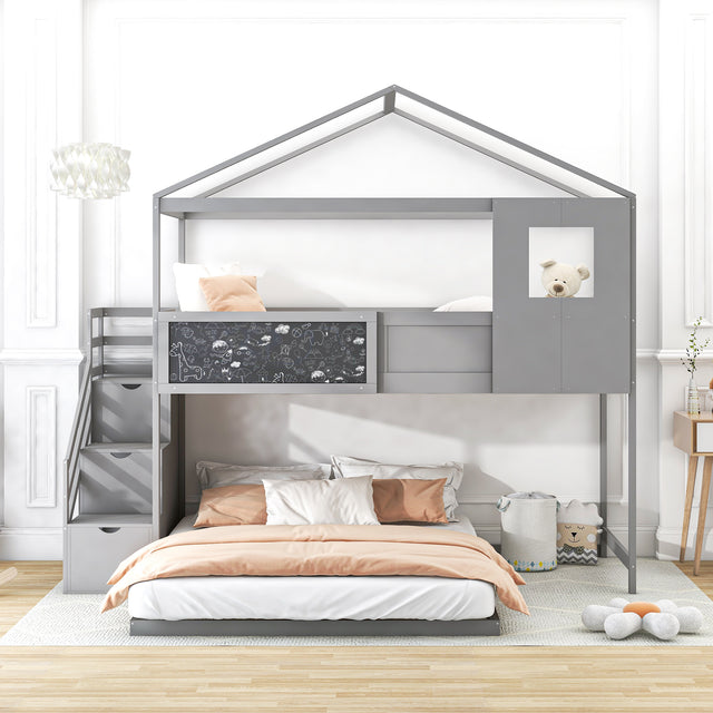 Twin over Full House Bunk Bed with Storage Staircase and Blackboard,Grey