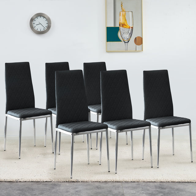 Grid Shaped Armless High Back Dining Chair, 6-piece set, Office Chair. Applicable to DiningRoom, Living Room, Kitchen and Office.Black Chair and Electroplated Metal Leg