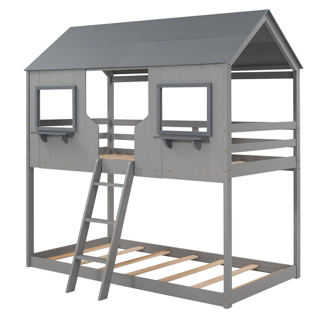 Twin Over Twin Bunk Bed Wood Bed with Roof, Window, Guardrail, Ladder (Gray)(OLD SKU :LP000045AAE)