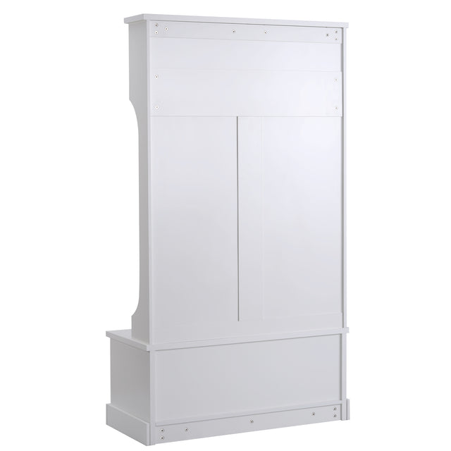 ON-TREND Hall Tree Entryway Bench with Shelves Cabinet and Four Hooks, 3-in-1 Design, White