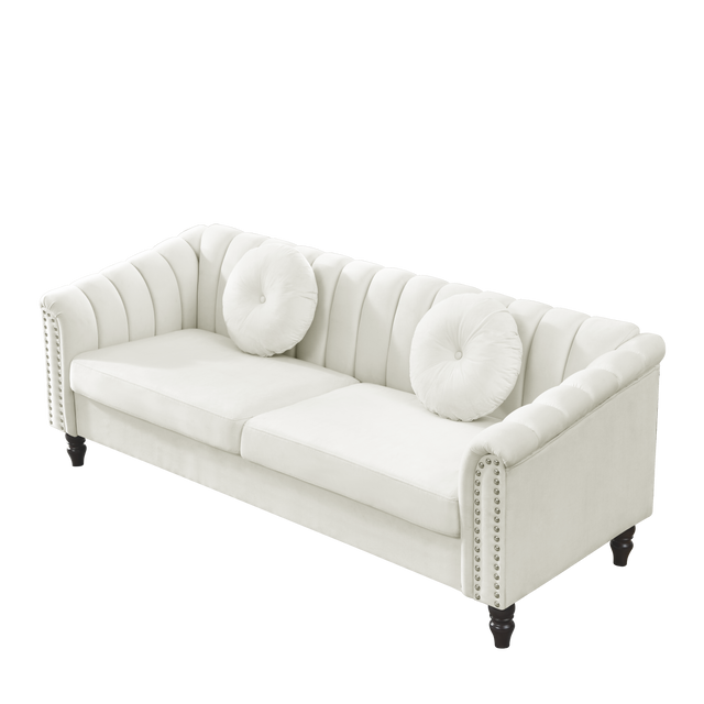 MH Modern Velvet Upholstered Sofa Couch, 3 Seat Tufted Back with Nail Arms with 2 pillows, Solid wood Legs, Sleeper Sofa for Living Room, Compact Living Space, Apartment, Bonus Room
