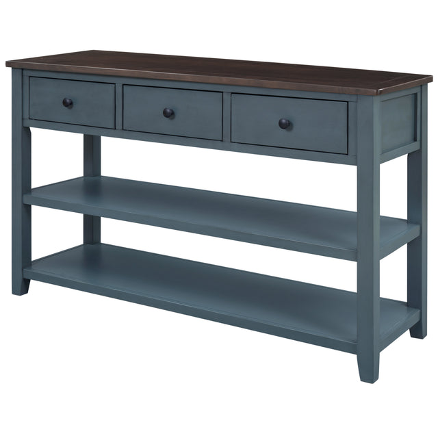 TREXM Retro Design Console Table with Two Open Shelves, Pine Solid Wood Frame and Legs for Living Room (Navy)