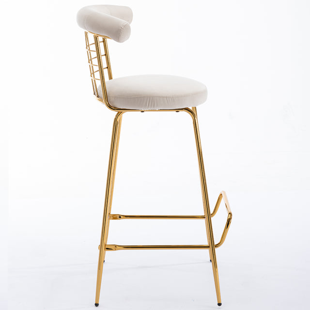 Bar Stool Set of 2, Luxury Velvet  High Bar Stool with Metal Legs and Soft Back, Pub Stool Chairs Armless Modern Kitchen High Dining Chairs with Metal Legs, Beige