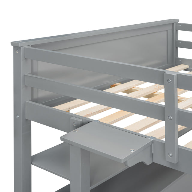Full size Loft Bed with Drawers and Desk, Wooden Loft Bed with Shelves - Gray(OLD SKU:LT000529AAE)