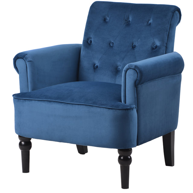 Elegant Button Tufted Club Chair Accent Armchairs Roll Arm Living Room Cushion with Wooden Legs, Navy Blue