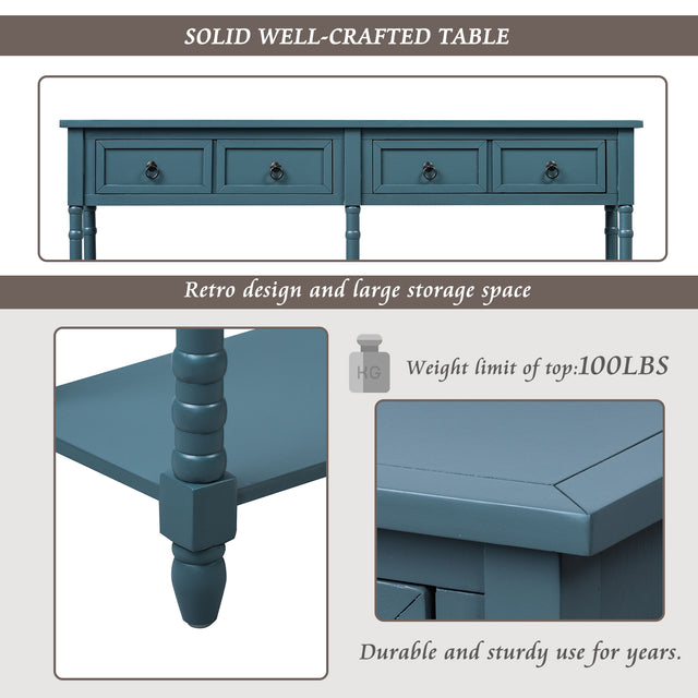 TREXM Console Table Sofa Table with Drawers and Long Shelf Rectangular Living Room Table Solid Wood (Antique Navy)