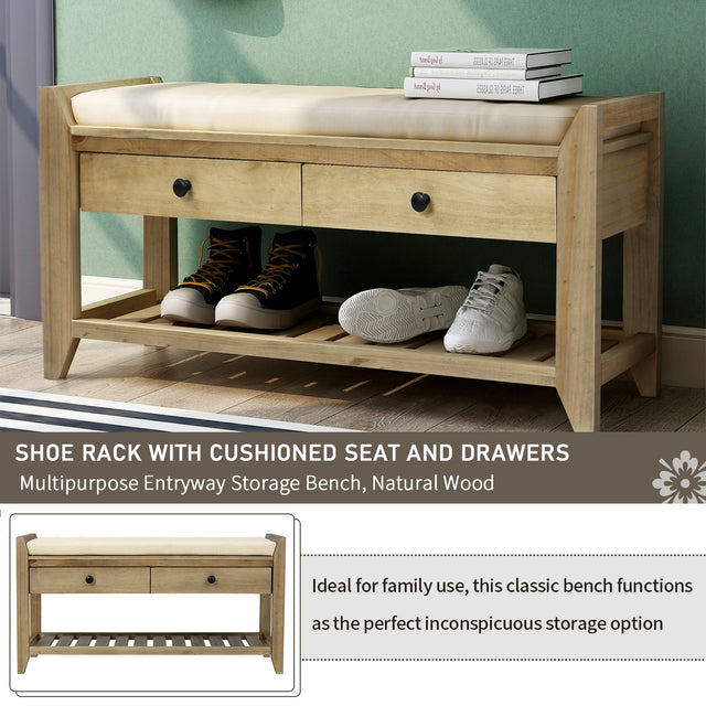 TREXM  Shoe Rack with Cushioned Seat and Drawers, Multipurpose Entryway Storage Bench (Gray Wash)