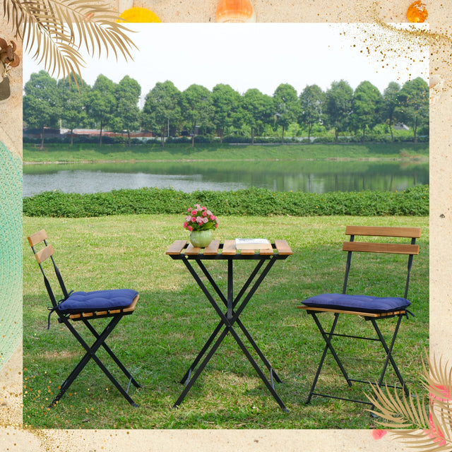 [Brand] Solid Teak Wood Patio Bistro Set, Folding Power Coating Frame Outdoor Patio Furniture Sets, 3 Piece Patio Set of Foldable Patio Table and Chairs with 2 cushions