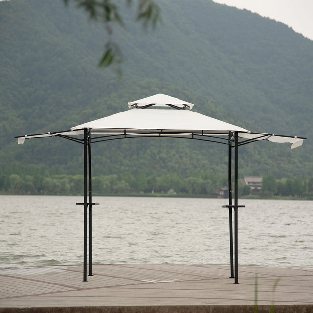 TOPMAX 13Ft.Lx4.5Ft.W Iron Double Tiered Backyard Patio BBQ Grill Gazebo with Bar Counters&Extendable Shades, White