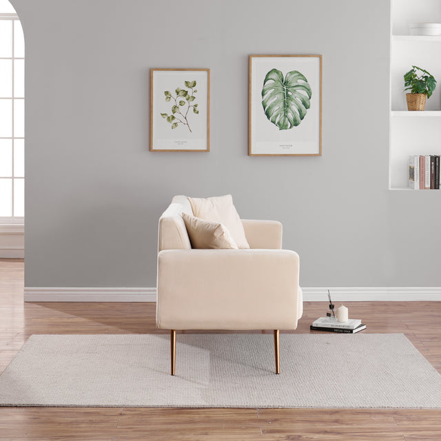 Modern beige velvet sand living room sofa with midfoot and two throw pillows