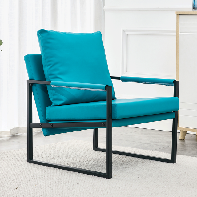 PU Leather Accent Arm Chair Mid Century Modern Upholstered Armchair with Metal Frame Extra-Thick Padded Backrest and Seat Cushion Sofa Chairs for Living Room ( Cyan PU Leather + Metal + Foam )