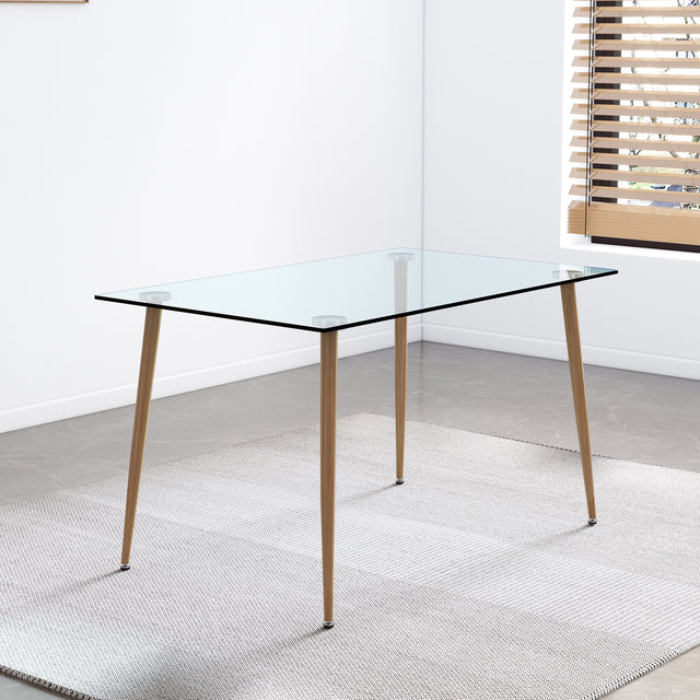 Modern Rectangular Glass Dining Table for 4-6 with 0.31" Tempered Glass Tabletop and Light woodcolor Powder Coating  Metal Legs, Writing Table Desk,for Kitchen Dining Living Room, 51" W x 31"D x 30" H