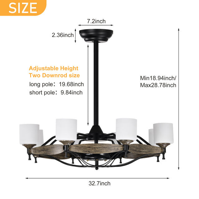 Matte Black Ceiling Fans With Remote Control 8 lights, DC Motor, 3 ABS Blades, Multi-Speed, Reversible Airflow, Timing and Anti-theft function, indoor transitional Ceiling Fan, ETL&FCC Certification