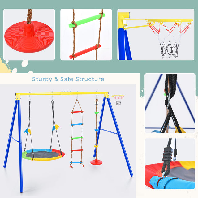 4 in 1 Outdoor Toddler Saucer Swing Set for Backyard, Playground Tree Swing Sets with Steel Frames, Climbing Rope with Disc Tree Swing Playset and Basketball Hoop for Kids