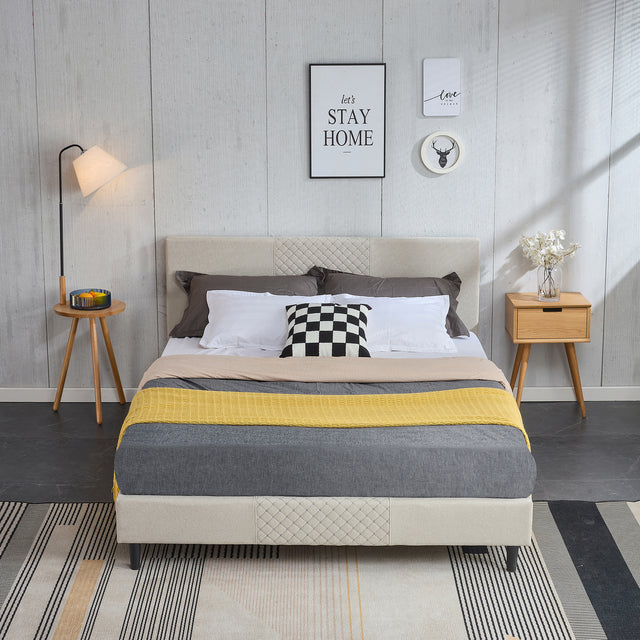 Full Size Platform Bed Frame with Fabric Upholstered Headboard and Wooden Slats Support, Fully Upholstered Mattress Foundation/No Box Spring Needed/Easy Assembly, Beige