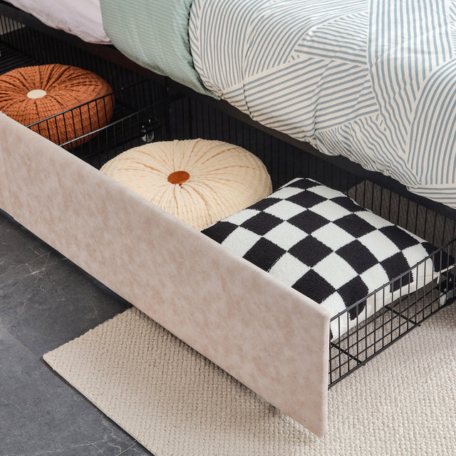 Upholstered Storage Bed Frame with 4 Drawers and Adjustable Headboard, Square Stitched Button Tech cloth, Platform Beds Frame with Wood Slat Support, No Box Spring Needed, Queen Size, Beige