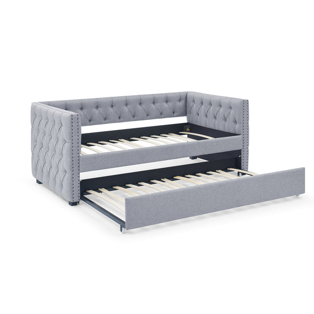 Daybed with Trundle Upholstered Tufted Sofa Bed, with Button and Copper Nail on Square Arms，both Twin Size, Grey（85“x42.5”x31.5“）（Old SKU W487S00045）