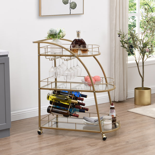 Golden Mobile Bar Cart Serving Wine Cart with Wheels, 3-tier Metal Frame Elegant Wine Rack for Kitchen, Party, Dining Room and Living Room