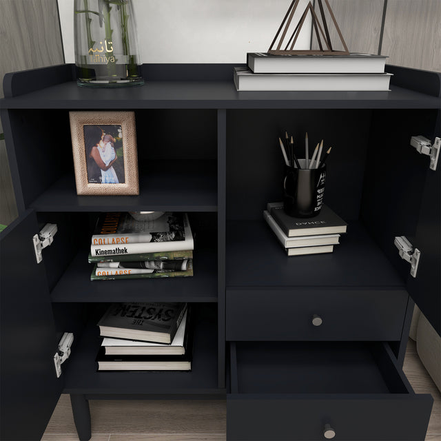 Sideboard Cabinet Display Buffet Storage Cabinet with 2 Woven Cane Doors，2 Drawers and 1 Storage Shelf-black