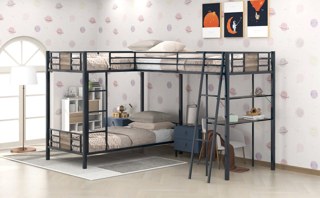 L-Shaped Twin over Twin Bunk Bed with Twin Size Loft Bed with Desk and Shelf ,Brown