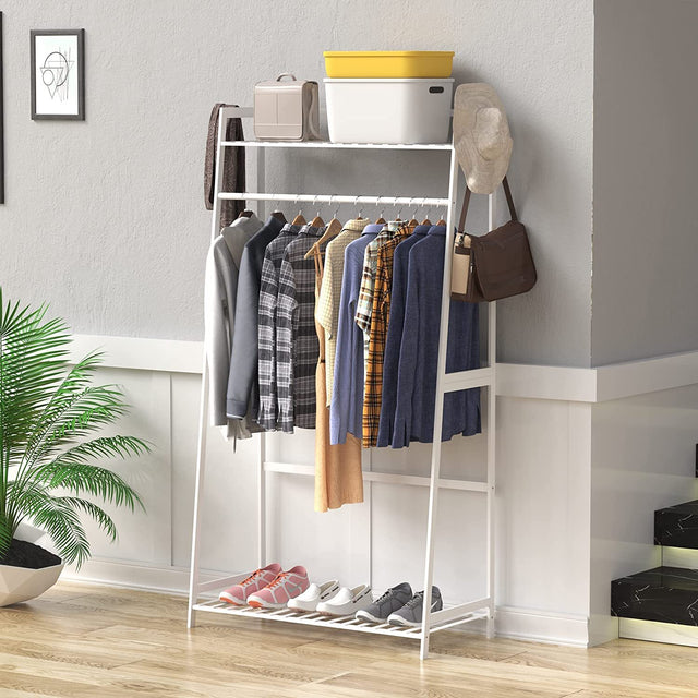 Clothes Rack,Heavy Duty Clothes Rack with Shelves,Freestanding Garment Rack for Living Bedroom Room Kitchen Bathroom Entryway Office Storage Shelves Clothes Hanging Rack,CR-537 White