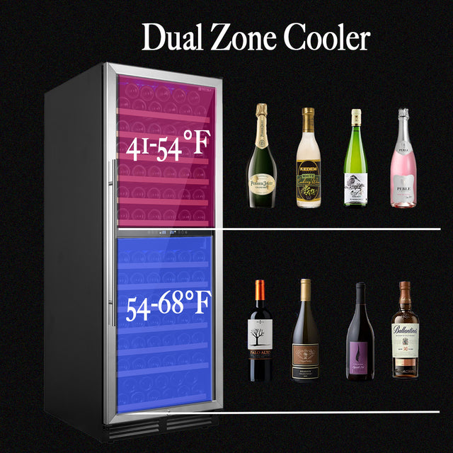 SOTOLA 24 inch Dual Zone Wine Cooler Refrigerator, 152 Bottle Large Capacity Fast Cooling Low Noise, Frost Free Wine Fridge with Digital Temperature Control, Freestanding or Built-in