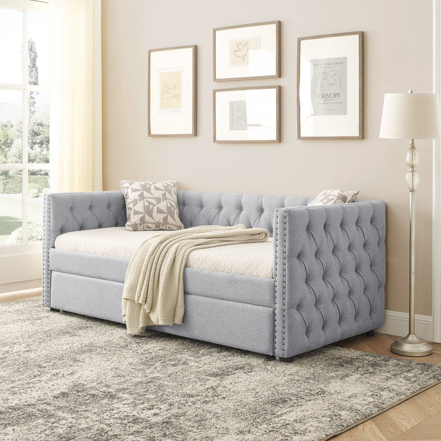 Daybed with Trundle Upholstered Tufted Sofa Bed, with Button and Copper Nail on Square Arms，both Twin Size, Grey（85“x42.5”x31.5“）（Old SKU W487S00045）