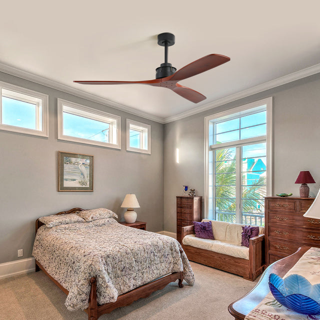 Elegant Ceiling Fan with Remote Control,3 Mahogany Solid Wood Blades,60 Inches Suitable for Indoor and Outdoor