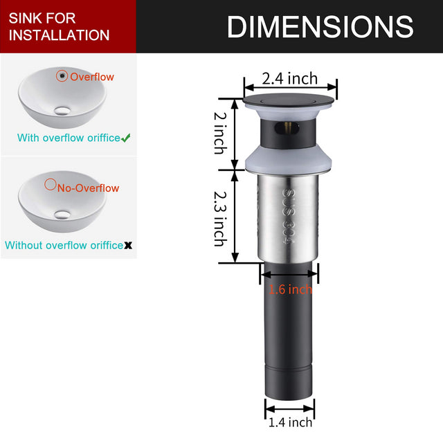 Sink Drain Stopper Bathroom 1.75 In, Pop-Up Drain Stainless Steel With Overflow Anti-Clogging for Vessel Sink Lavatory Vanity Sink Drain with Strainer Basket, Matte Black